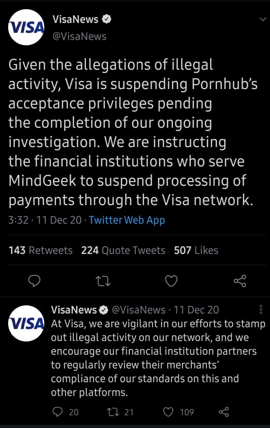 Visa response to pornhub